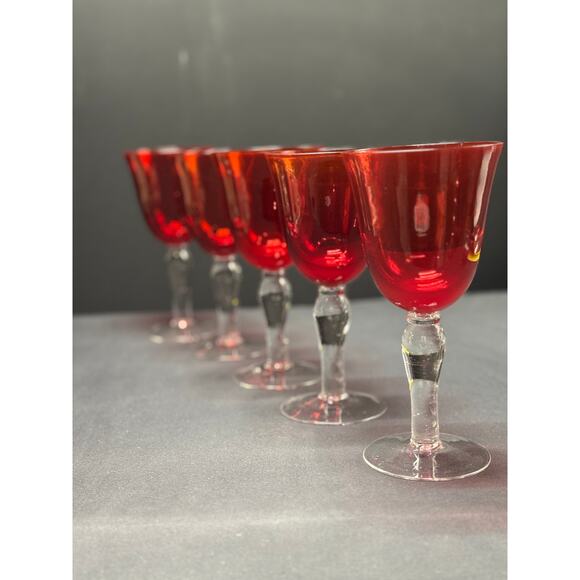 Set of 5 Handblown Ruby Red Bell-Shaped Goblets with Clear Stems – Elegant - Picture 2 of 12